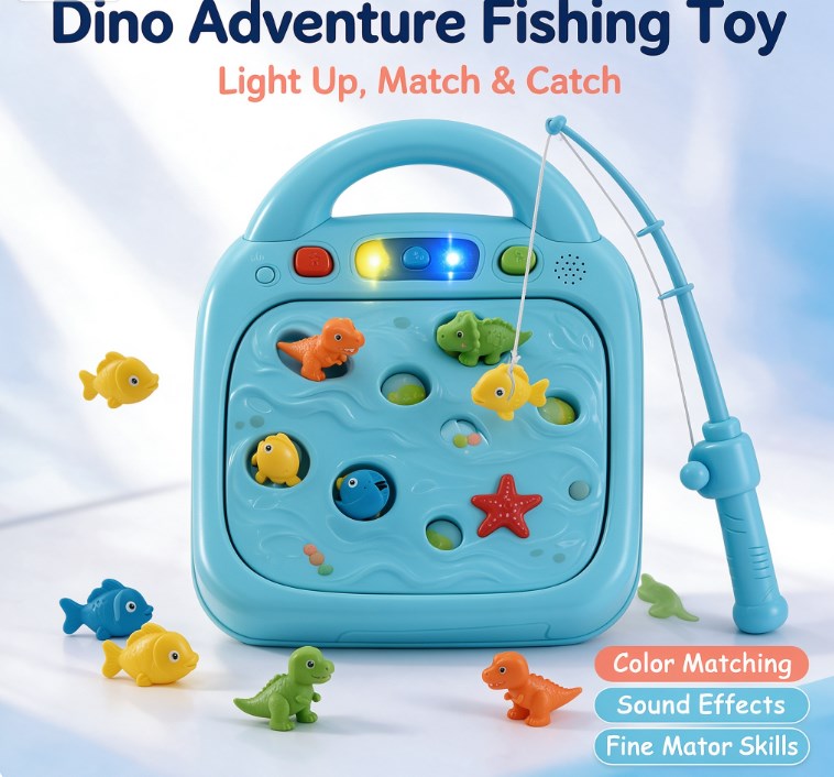 Electric Light-Up Fishing Game Playset — Interactive Magnetic Catch Toy with Music, Sound Effects & Color Matching Dino & Fish Figures for Toddlers