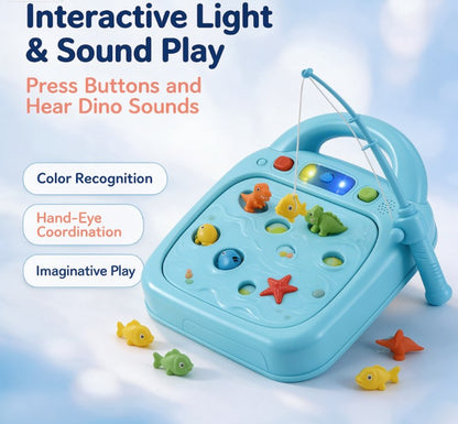 Electric Light-Up Fishing Game Playset — Interactive Magnetic Catch Toy with Music, Sound Effects & Color Matching Dino & Fish Figures for Toddlers