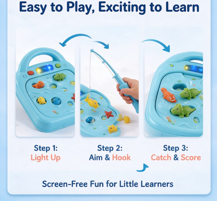 Electric Light-Up Fishing Game Playset — Interactive Magnetic Catch Toy with Music, Sound Effects & Color Matching Dino & Fish Figures for Toddlers