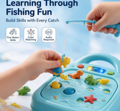 Electric Light-Up Fishing Game Playset — Interactive Magnetic Catch Toy with Music, Sound Effects & Color Matching Dino & Fish Figures for Toddlers