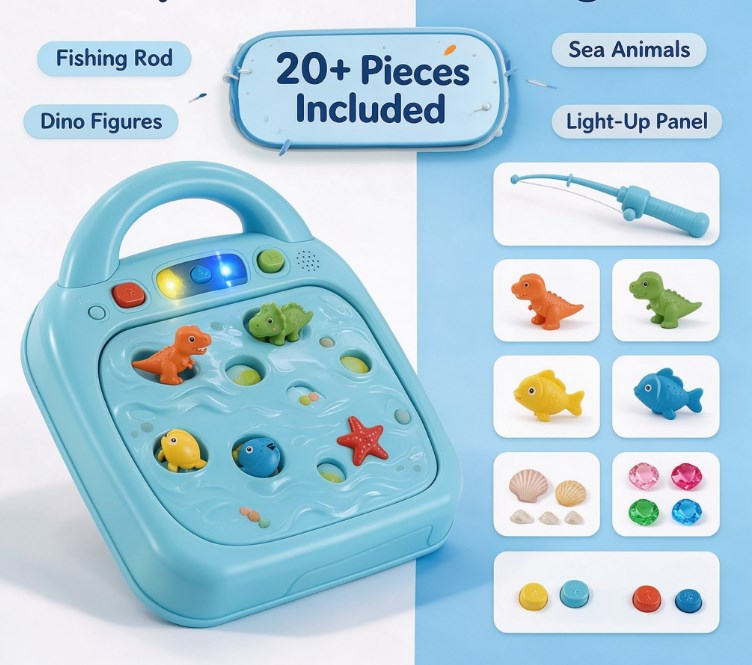 Electric Light-Up Fishing Game Playset — Interactive Magnetic Catch Toy with Music, Sound Effects & Color Matching Dino & Fish Figures for Toddlers