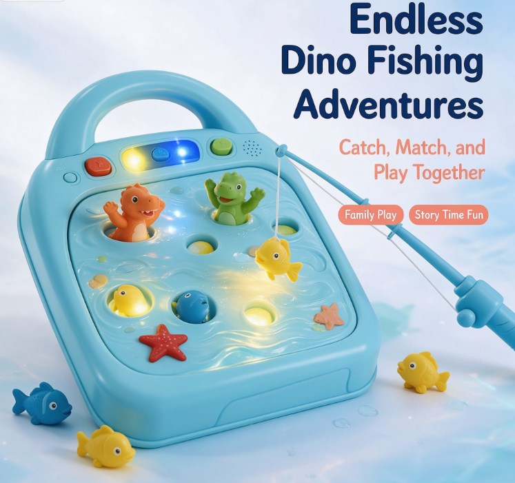 Electric Light-Up Fishing Game Playset — Interactive Magnetic Catch Toy with Music, Sound Effects & Color Matching Dino & Fish Figures for Toddlers