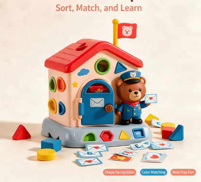 Little Bear Post Office Shape Sorter Toy — Interactive Educational House Playset with Letter Cards, Color Blocks & Mailman Figure for Toddlers