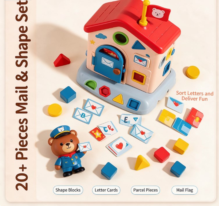 Little Bear Post Office Shape Sorter Toy — Interactive Educational House Playset with Letter Cards, Color Blocks & Mailman Figure for Toddlers