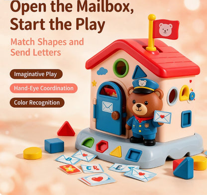 Little Bear Post Office Shape Sorter Toy — Interactive Educational House Playset with Letter Cards, Color Blocks & Mailman Figure for Toddlers