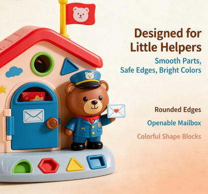 Little Bear Post Office Shape Sorter Toy — Interactive Educational House Playset with Letter Cards, Color Blocks & Mailman Figure for Toddlers