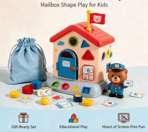 Little Bear Post Office Shape Sorter Toy — Interactive Educational House Playset with Letter Cards, Color Blocks & Mailman Figure for Toddlers