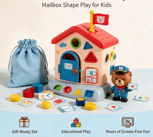 Little Bear Post Office Shape Sorter Toy — Interactive Educational House Playset with Letter Cards, Color Blocks & Mailman Figure for Toddlers
