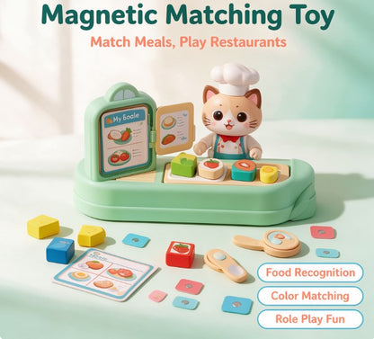 Little Cat Chef Magnetic Kitchen Playset — Preschool Food Sorting Game with Menu Cards, Cooking Utensils & Food Blocks for Pretend Restaurant Play