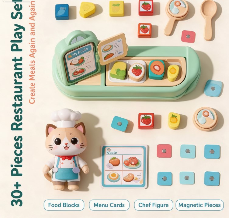 Little Cat Chef Magnetic Kitchen Playset — Preschool Food Sorting Game with Menu Cards, Cooking Utensils & Food Blocks for Pretend Restaurant Play