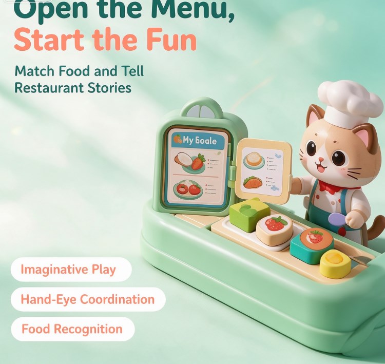 Little Cat Chef Magnetic Kitchen Playset — Preschool Food Sorting Game with Menu Cards, Cooking Utensils & Food Blocks for Pretend Restaurant Play