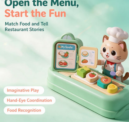 Little Cat Chef Magnetic Kitchen Playset — Preschool Food Sorting Game with Menu Cards, Cooking Utensils & Food Blocks for Pretend Restaurant Play