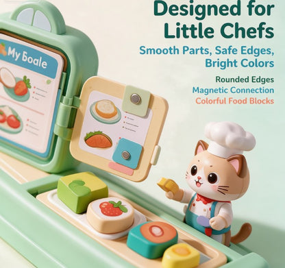 Little Cat Chef Magnetic Kitchen Playset — Preschool Food Sorting Game with Menu Cards, Cooking Utensils & Food Blocks for Pretend Restaurant Play
