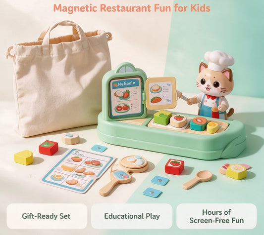 Little Cat Chef Magnetic Kitchen Playset — Preschool Food Sorting Game with Menu Cards, Cooking Utensils & Food Blocks for Pretend Restaurant Play