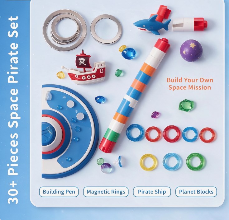 Magnetic Levitation Space Pirate Playset — Floating Wand STEM Science Toy with Pirate Ship, Shark, Gems & Floating Rings for Kids