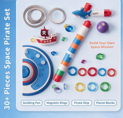 Magnetic Levitation Space Pirate Playset — Floating Wand STEM Science Toy with Pirate Ship, Shark, Gems & Floating Rings for Kids