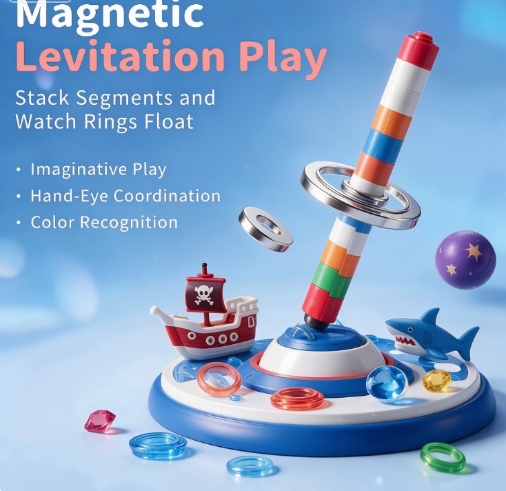 Magnetic Levitation Space Pirate Playset — Floating Wand STEM Science Toy with Pirate Ship, Shark, Gems & Floating Rings for Kids