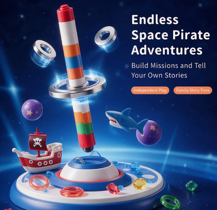 Magnetic Levitation Space Pirate Playset — Floating Wand STEM Science Toy with Pirate Ship, Shark, Gems & Floating Rings for Kids