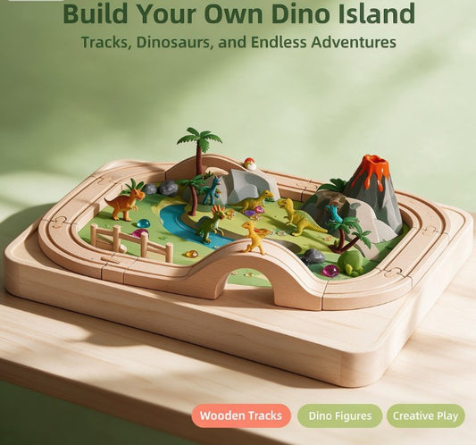 Montessori Wooden Dinosaur Track Playset — Educational Railway World with Bridge, Volcano & Mini Dinos for Fine Motor Skill Development