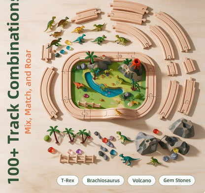Montessori Wooden Dinosaur Track Playset — Educational Railway World with Bridge, Volcano & Mini Dinos for Fine Motor Skill Development