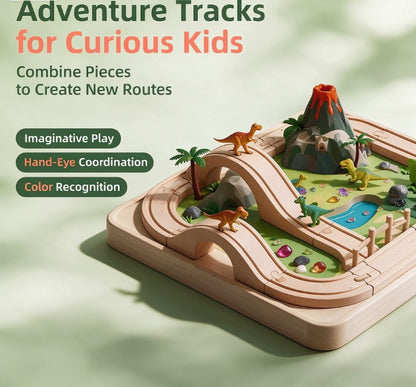 Montessori Wooden Dinosaur Track Playset — Educational Railway World with Bridge, Volcano & Mini Dinos for Fine Motor Skill Development