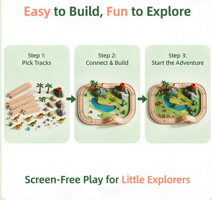 Montessori Wooden Dinosaur Track Playset — Educational Railway World with Bridge, Volcano & Mini Dinos for Fine Motor Skill Development