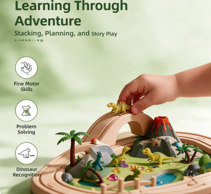 Montessori Wooden Dinosaur Track Playset — Educational Railway World with Bridge, Volcano & Mini Dinos for Fine Motor Skill Development