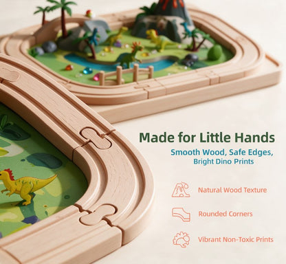 Montessori Wooden Dinosaur Track Playset — Educational Railway World with Bridge, Volcano & Mini Dinos for Fine Motor Skill Development