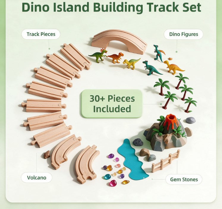 Montessori Wooden Dinosaur Track Playset — Educational Railway World with Bridge, Volcano & Mini Dinos for Fine Motor Skill Development