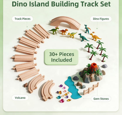 Montessori Wooden Dinosaur Track Playset — Educational Railway World with Bridge, Volcano & Mini Dinos for Fine Motor Skill Development