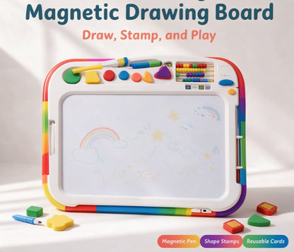 Rainbow Magnetic Drawing Board for Toddlers — Ergonomic Magna Doodle Sketch Pad with Magnetic Pen, Shape Stamps, Abacus & Reusable Activity Cards