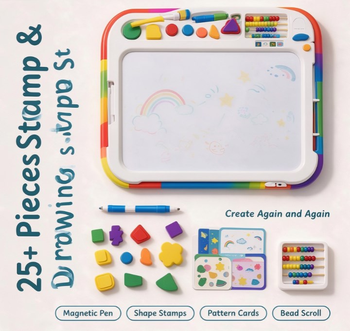 Rainbow Magnetic Drawing Board for Toddlers — Ergonomic Magna Doodle Sketch Pad with Magnetic Pen, Shape Stamps, Abacus & Reusable Activity Cards