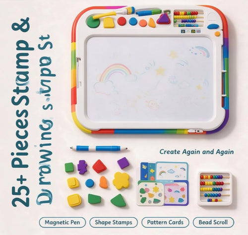 Rainbow Magnetic Drawing Board for Toddlers — Ergonomic Magna Doodle Sketch Pad with Magnetic Pen, Shape Stamps, Abacus & Reusable Activity Cards