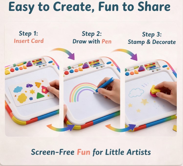 Rainbow Magnetic Drawing Board for Toddlers — Ergonomic Magna Doodle Sketch Pad with Magnetic Pen, Shape Stamps, Abacus & Reusable Activity Cards