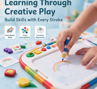 Rainbow Magnetic Drawing Board for Toddlers — Ergonomic Magna Doodle Sketch Pad with Magnetic Pen, Shape Stamps, Abacus & Reusable Activity Cards