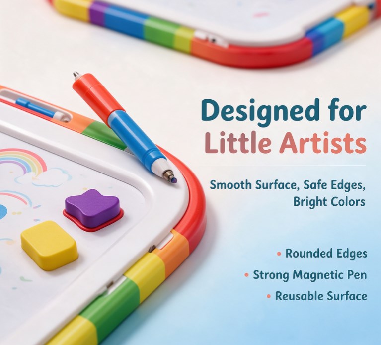 Rainbow Magnetic Drawing Board for Toddlers — Ergonomic Magna Doodle Sketch Pad with Magnetic Pen, Shape Stamps, Abacus & Reusable Activity Cards
