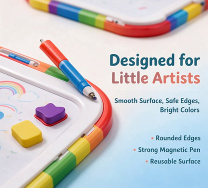 Rainbow Magnetic Drawing Board for Toddlers — Ergonomic Magna Doodle Sketch Pad with Magnetic Pen, Shape Stamps, Abacus & Reusable Activity Cards