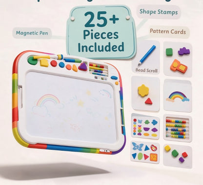 Rainbow Magnetic Drawing Board for Toddlers — Ergonomic Magna Doodle Sketch Pad with Magnetic Pen, Shape Stamps, Abacus & Reusable Activity Cards