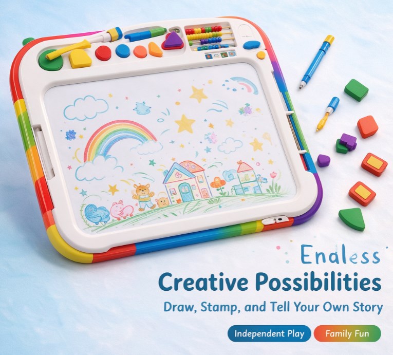 Rainbow Magnetic Drawing Board for Toddlers — Ergonomic Magna Doodle Sketch Pad with Magnetic Pen, Shape Stamps, Abacus & Reusable Activity Cards