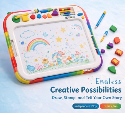 Rainbow Magnetic Drawing Board for Toddlers — Ergonomic Magna Doodle Sketch Pad with Magnetic Pen, Shape Stamps, Abacus & Reusable Activity Cards