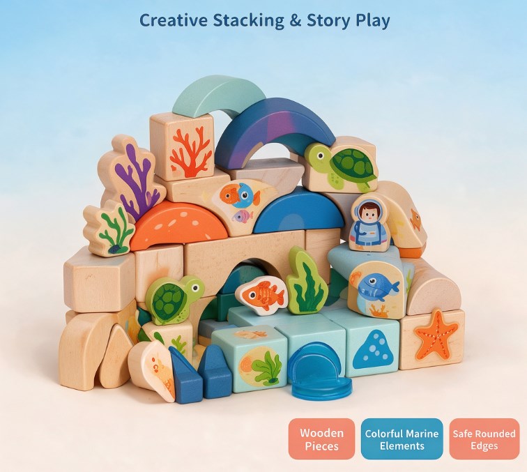 Wooden Ocean Stacking Building Blocks Set — Montessori Sensory Marine Life Toys with Coral Reef, Sea Turtles & Diver Figures for Toddlers