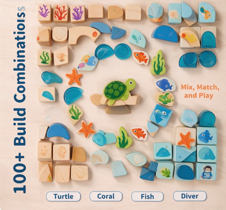 Wooden Ocean Stacking Building Blocks Set — Montessori Sensory Marine Life Toys with Coral Reef, Sea Turtles & Diver Figures for Toddlers