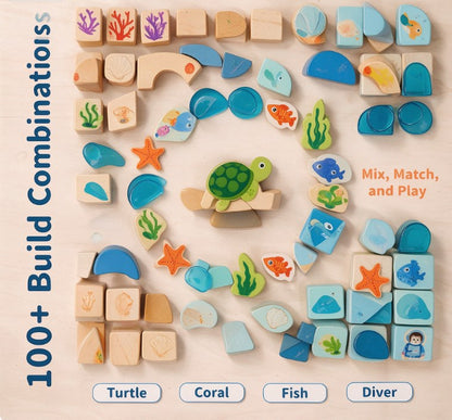 Wooden Ocean Stacking Building Blocks Set — Montessori Sensory Marine Life Toys with Coral Reef, Sea Turtles & Diver Figures for Toddlers