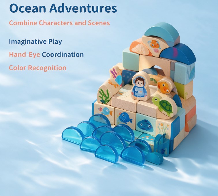 Wooden Ocean Stacking Building Blocks Set — Montessori Sensory Marine Life Toys with Coral Reef, Sea Turtles & Diver Figures for Toddlers