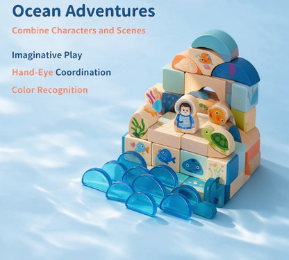 Wooden Ocean Stacking Building Blocks Set — Montessori Sensory Marine Life Toys with Coral Reef, Sea Turtles & Diver Figures for Toddlers