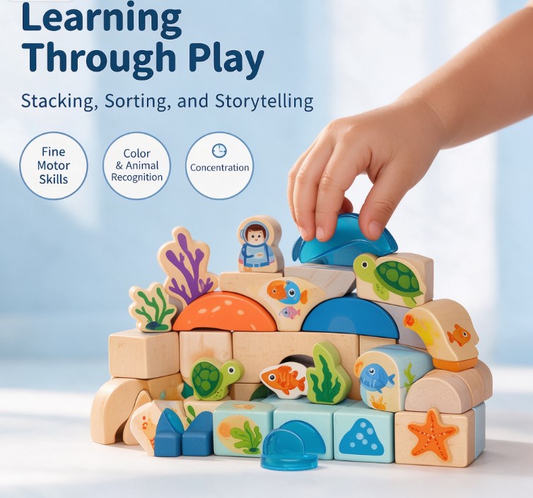 Wooden Ocean Stacking Building Blocks Set — Montessori Sensory Marine Life Toys with Coral Reef, Sea Turtles & Diver Figures for Toddlers