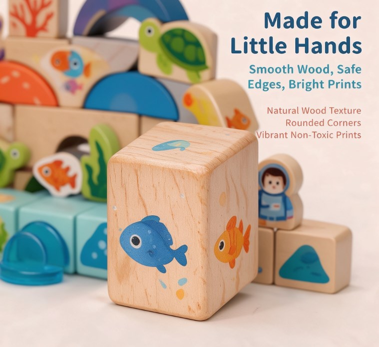 Wooden Ocean Stacking Building Blocks Set — Montessori Sensory Marine Life Toys with Coral Reef, Sea Turtles & Diver Figures for Toddlers