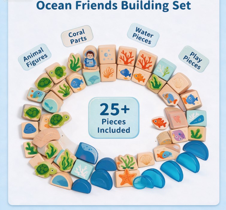 Wooden Ocean Stacking Building Blocks Set — Montessori Sensory Marine Life Toys with Coral Reef, Sea Turtles & Diver Figures for Toddlers
