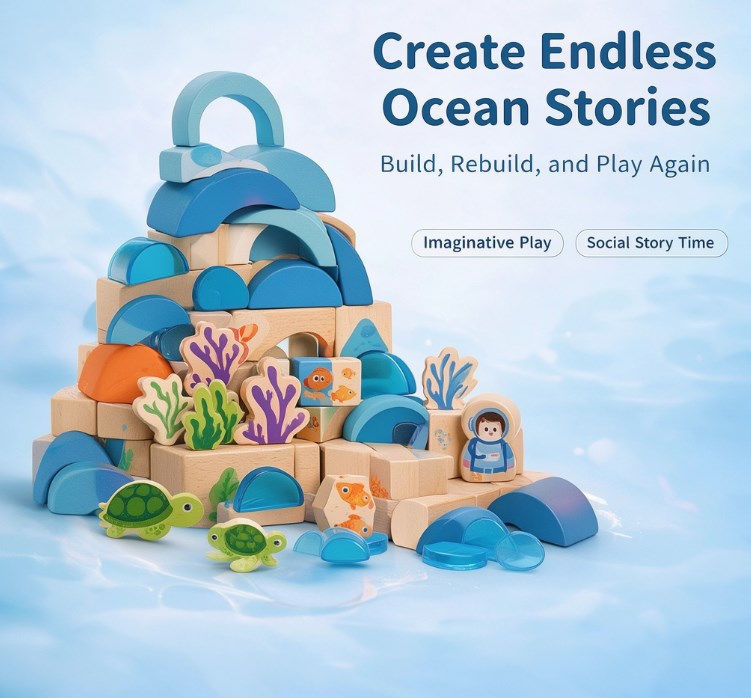 Wooden Ocean Stacking Building Blocks Set — Montessori Sensory Marine Life Toys with Coral Reef, Sea Turtles & Diver Figures for Toddlers