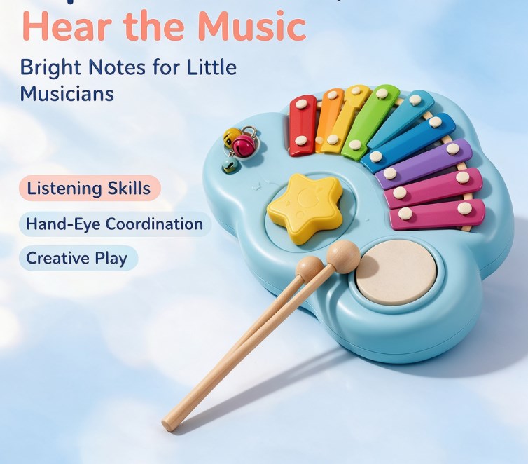 Wooden Rainbow Xylophone Music Station — Cloud Shaped Percussion Instrument with Rotating Star Dial, Drum Surface, Small Bells & Mallets for Toddlers